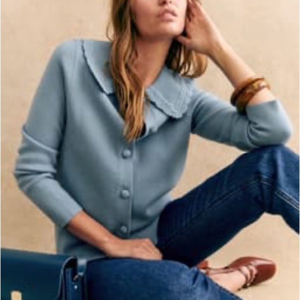 Sezane Blue Cardigan with Crochet Collar - Picture 2 of 6